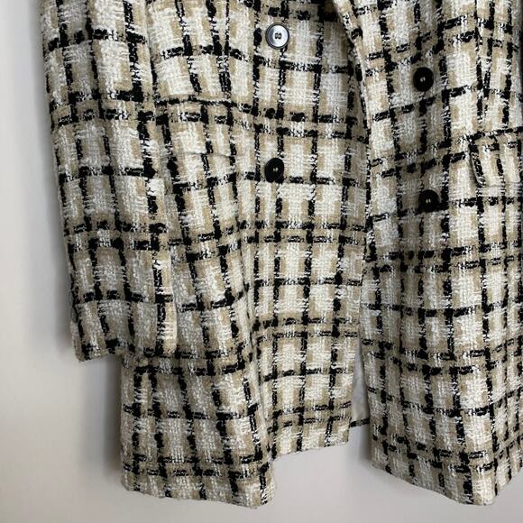 Zara Women Taupe Brown Lapel Collar Longline Textured Plaid Blazer Medium - Picture 11 of 16